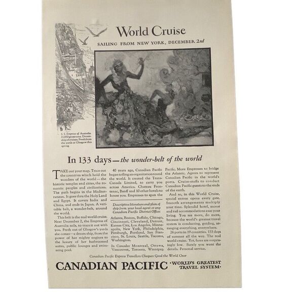 Vintage 1927 Canadian Pacific Worlds Greatest Travel System Ad Advertisement - Picture 1 of 4